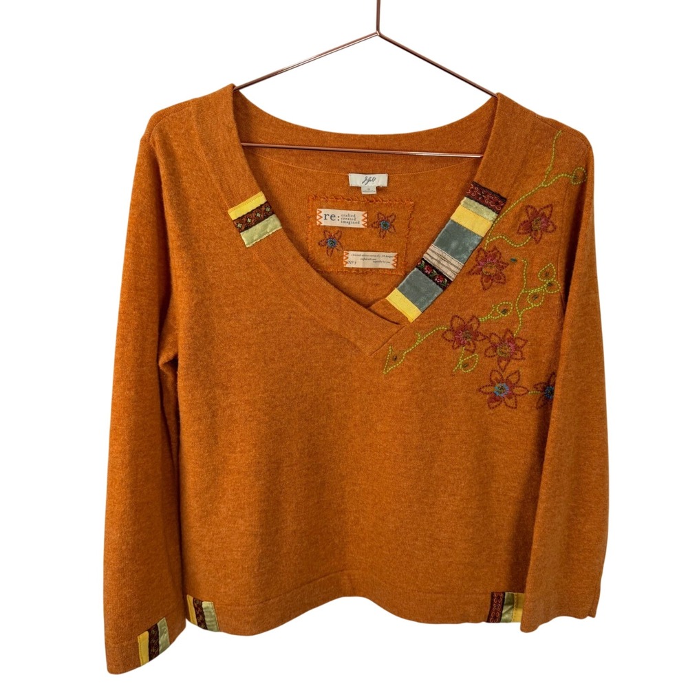 J. Jill Re: Crafted Limited Edition S Lambswool V-Neck Sweater Orange Fall Twee